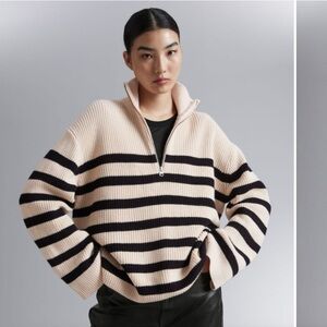& Other Stories Knitted half-zip sweater  ribbed texture. Cream & Black Size XS